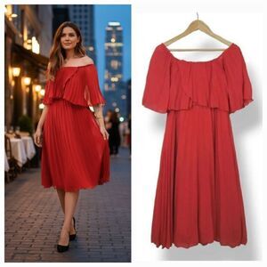 NEW ASOS Design Pleated Bandeau Double Layer Midi Dress in Soft Red Size 4